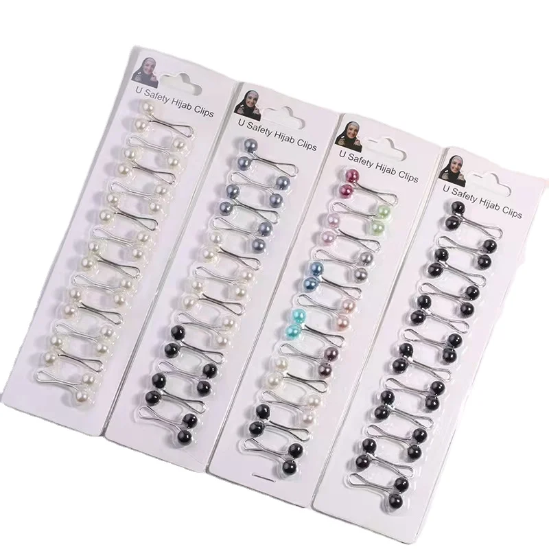 Colorful 12-Pin Brooch Set U-Shaped Scarf Clip and Pearl Safety Pins Hijab Muslim Accessories Fashion Jewelry in Alloy Gift