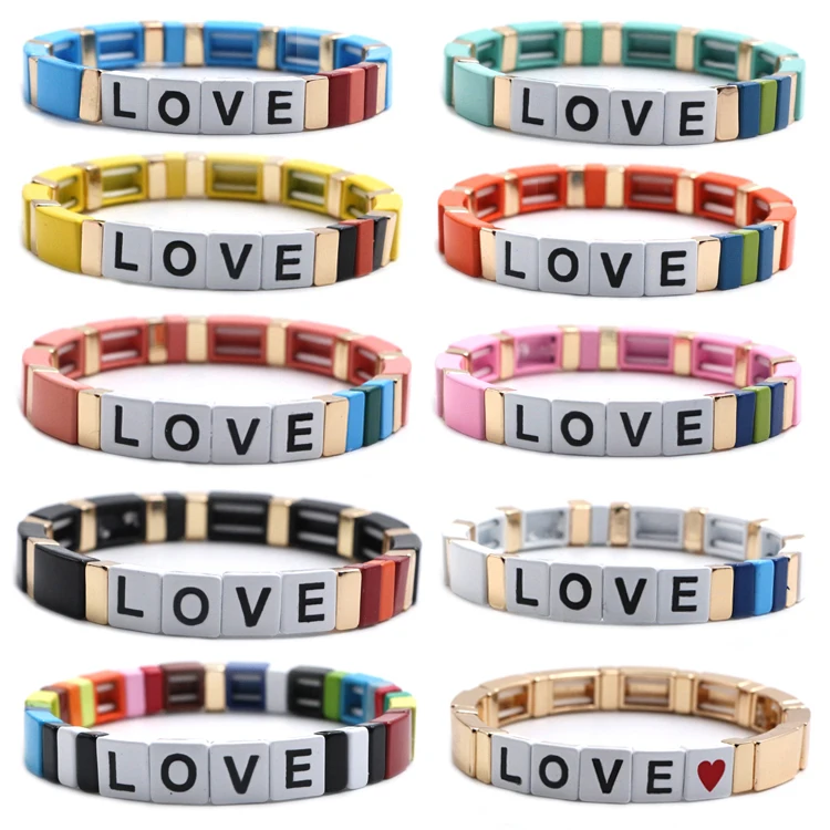 

Wholesale Factory Outlet Handmade Letter Enamel Rainbow Tile Bracelet Colorful Painted Metal Cuff Bracelet