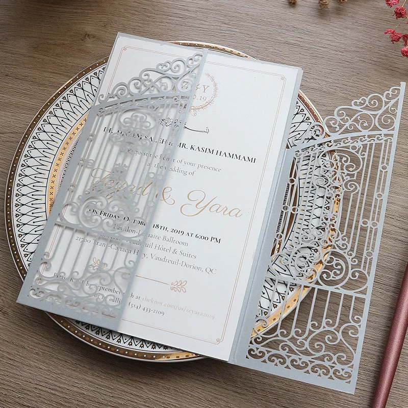 

50pcs Gate Fold Gold Gray Laser Cut Wedding Invitations Cards for Wedding Bridal Baby Shower Engagement Sweet 16 Birthday Invite