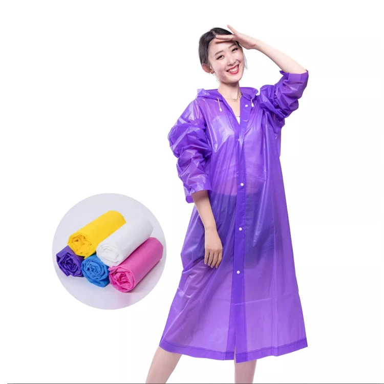 

Promotional Fashion EVA Long Sleeve And Buttons Rain Coat Custom Transparent Raincoat Waterproof For Adult Women, Blue/yellow/pink/tranfport/purple/custom