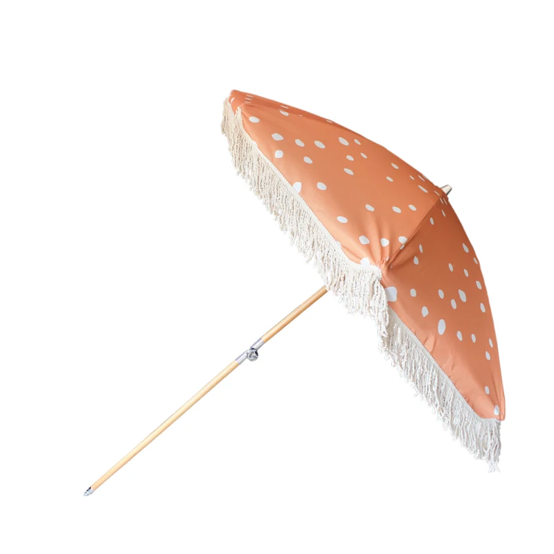 

Fantastic parasol hot sale customized wooden handle beach umbrella with tassels, Customized color