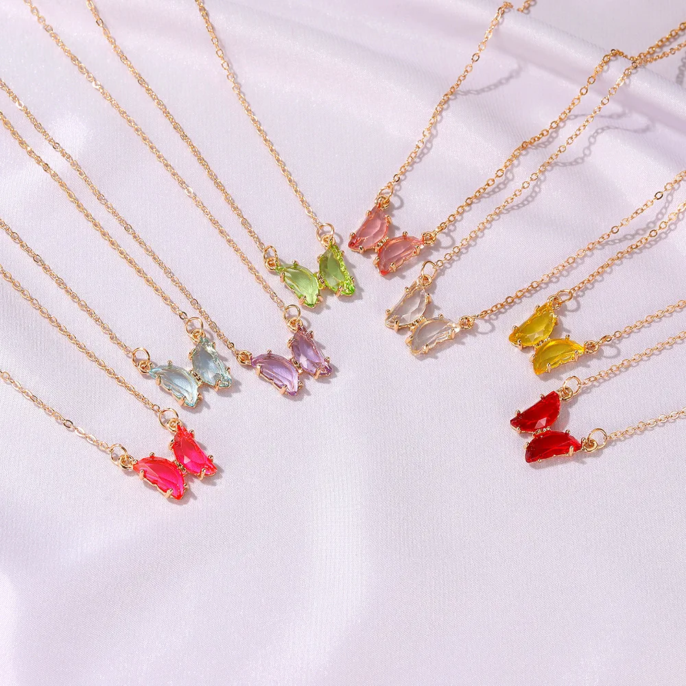 

O117 Women Fashion Alloy Cute Butterfly Pendant Choker Collarbone Chain Necklace INS Crystal Glass Butterfly Necklace, 8 colors