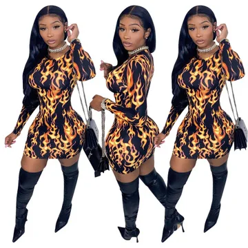 

Sexy Women Long Sleeve O-neck Fire Flame Printed Dress Bodycon Stretchy Slim Party Clubwear Short Mini Pencil Dress, Customized color