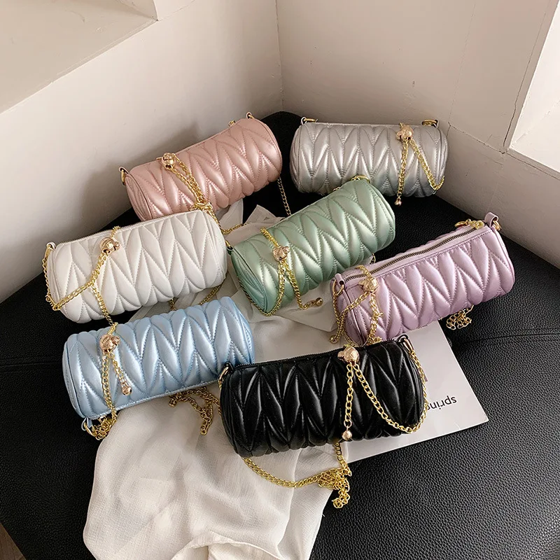 

2021 celebrity fashion Summer chain female texture cylinder quilted foreign crossbody stripe women shoulder bag