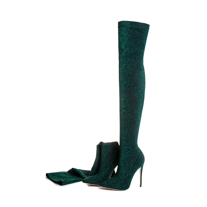

Sexy Fashion Women Stretch Over The Knee High Boots Pointed Toe Glitter Thigh High Boots Super High Heel Winter Boots, Black, red, green, blue, purple, gold, silver