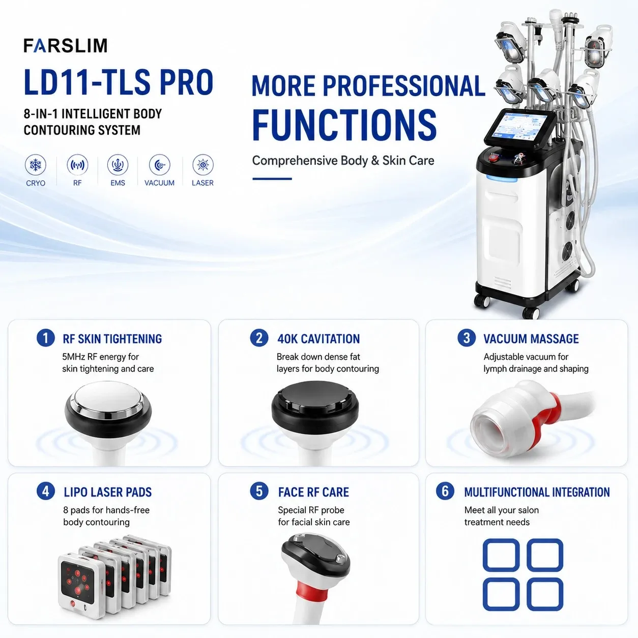 FARSLIM LD11-TLS PRO RF, 40K cavitation, vacuum massage, lipo laser, and facial RF treatment functions.