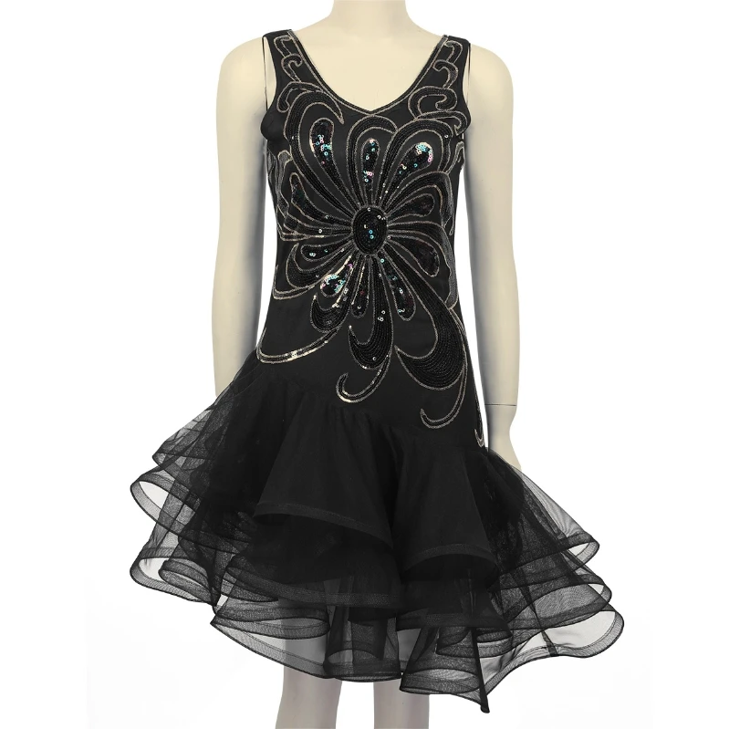 

iEFiEL Women Flower Shiny Sequins Dance Dress Costume Sleeveless V Neck Ruffled Mesh Layers Asymmetric Dress Ballroom StageDress