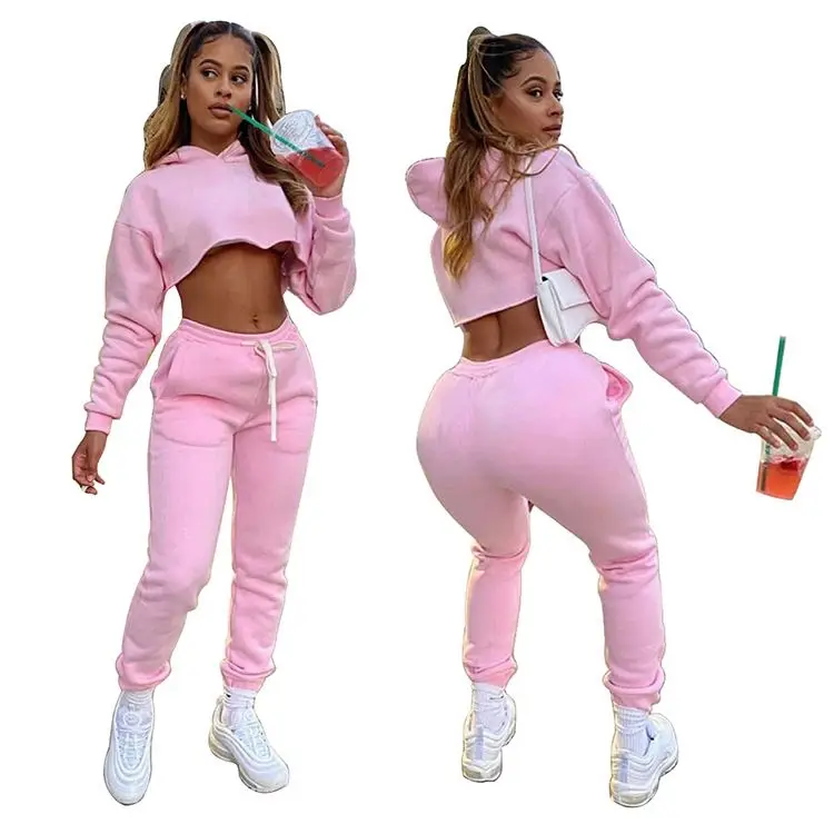 

Good quality crop top hoodie two piece outfits set sweatshirt drawstring custom logo winter 2 piece sets for women