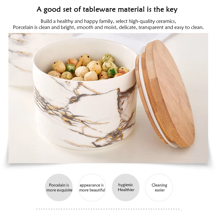 Nordic Marble Sealed Pot With Wooden Cover Ceramic Storage Pot Coffee