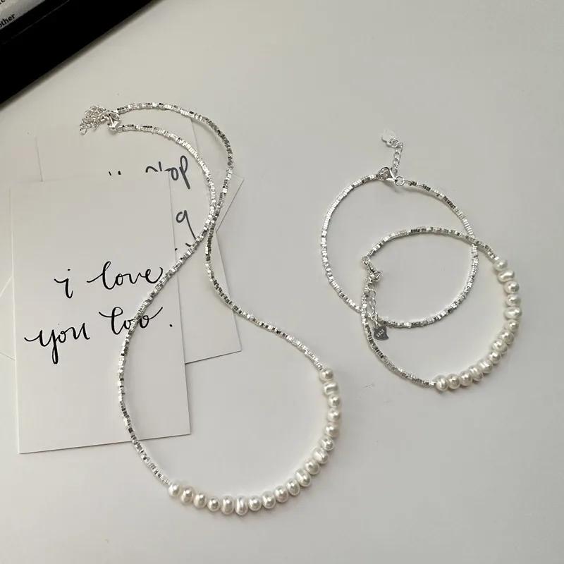 100% Real 925 Sterling Silver  Vintage Freshwater Pearl Geometric Beads Beaded Necklaces & Bracelets for Women