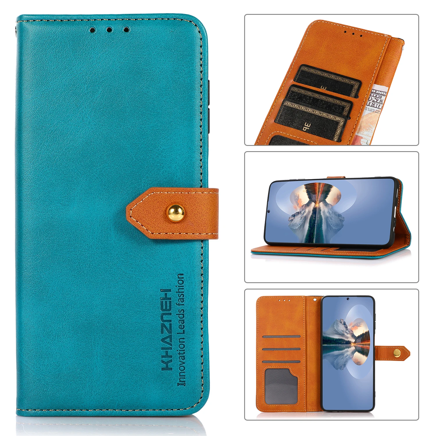 

Gold button two color cattle pattern PU Leather Flip Wallet Case For ZTE Blade A31, As pictures