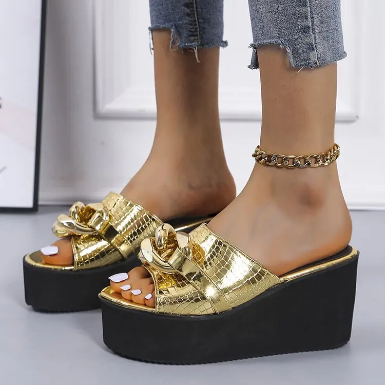 

New collection croc effect chunky chain detail women summer shoes wedge platform lady slippers open toe female mules