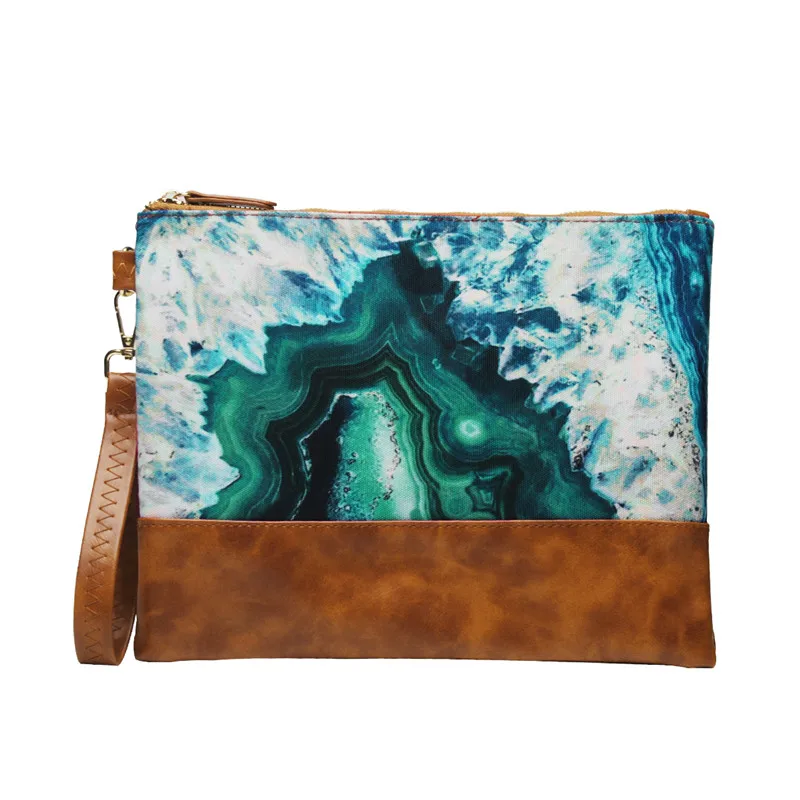 

Abstract Art Cave Hole Wave Print Canvas PU Wrist Purse Monogram Clutch Wallet Organizer Cosmetic Makeup Bags for Women