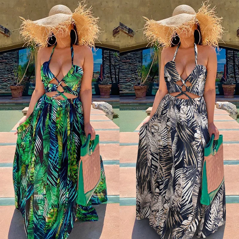

Coldker Women Bohemian Palm Leaf Maxi Dress Sexy High Split Summer Beach Halter Dress Casual Sleeveless Bandage Long Dress, As show