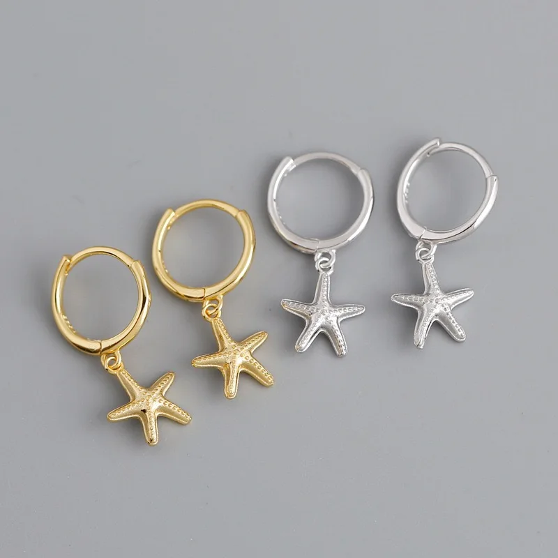 INS 925 Sterling Silver Single Sea Star Starfish Earrings Summer Beach Hoop Earrings for Women Gold Statement Earrings