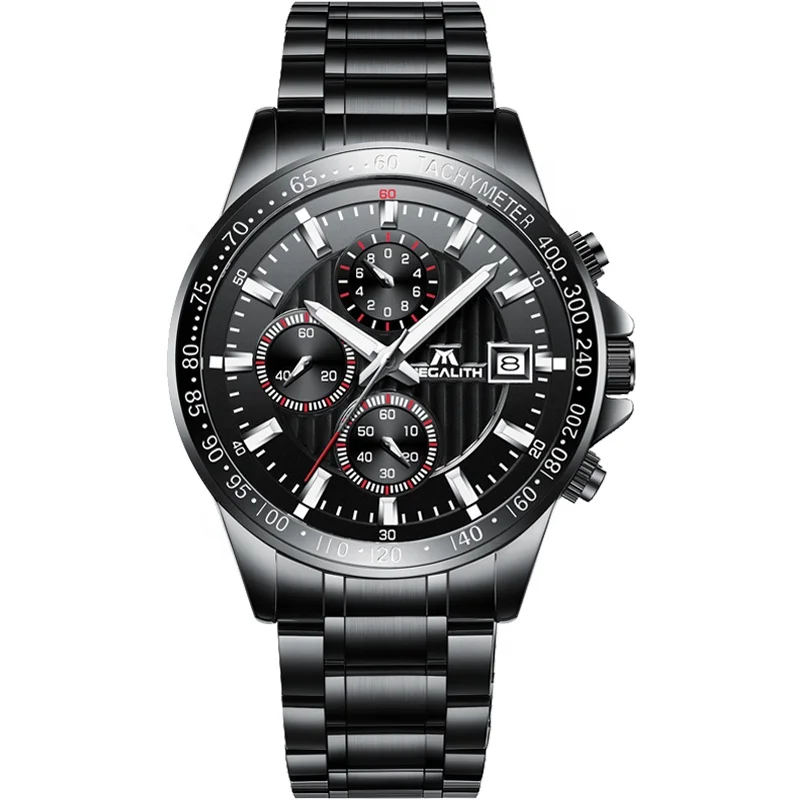 

Megalith Top Brand Mens Watch Mechanical Multifunction 3 Eyes Waterproof Calendar Luxury Wristwatch Stainless Steel Chronograph