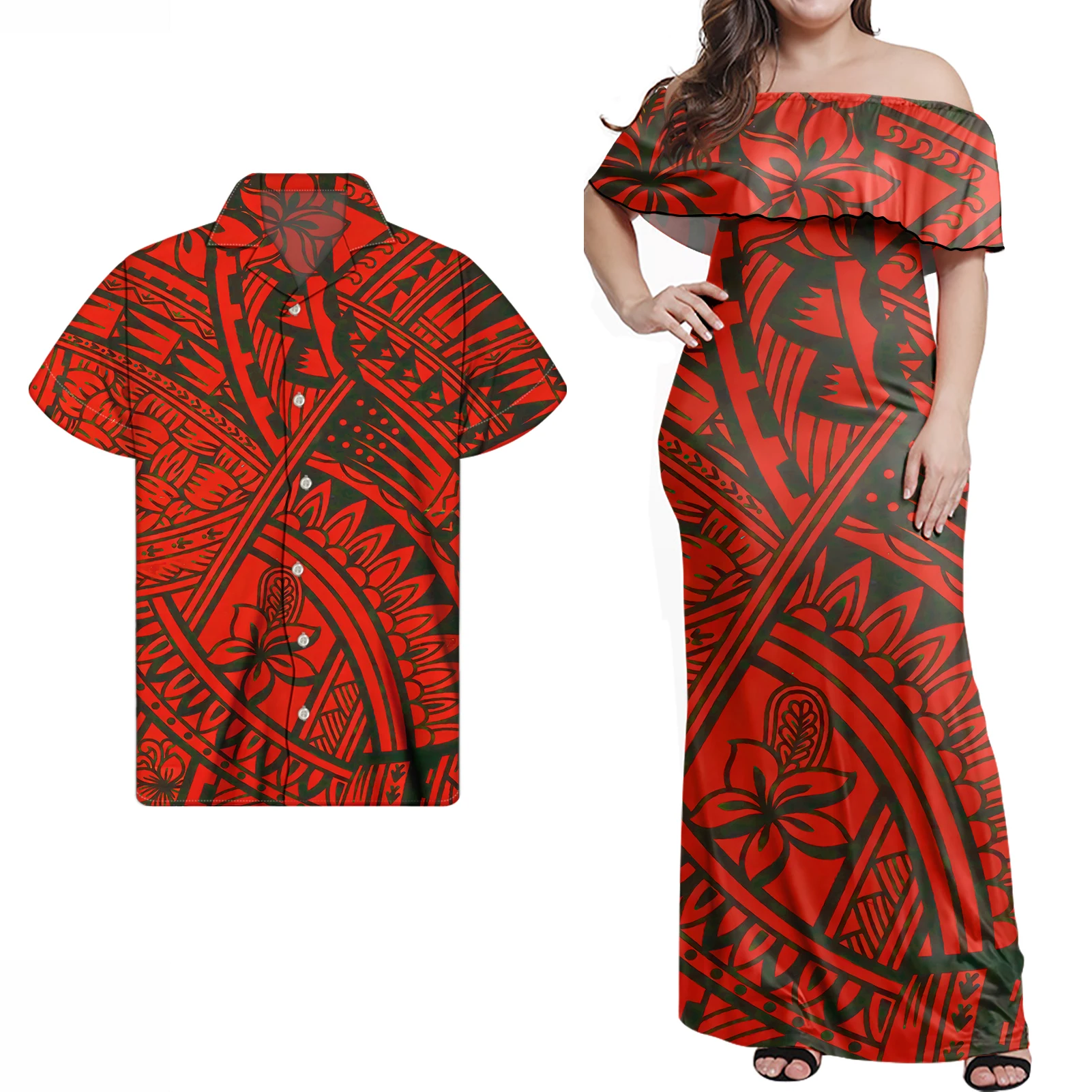 

Polynesian Red Tribal Plumeria Design Casual Women Off Shoulder Ruffle dress Unique Custom Elegant Long Dress