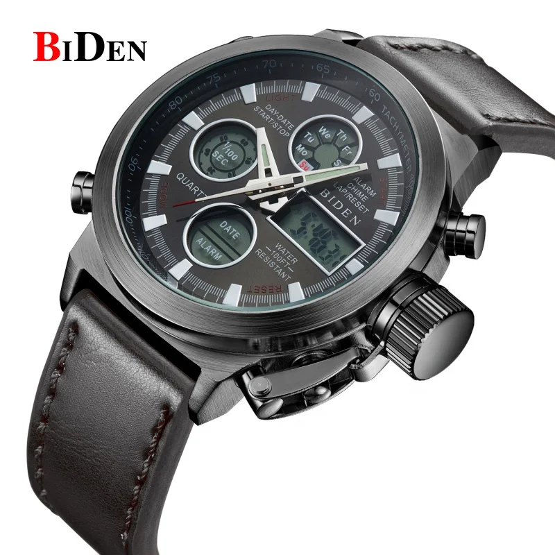 

BIDEN 0031 analog digital wrist watch double display nylon leather band water proof army watch