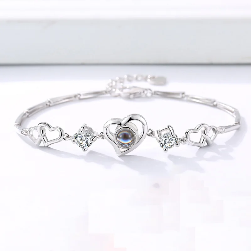 

XIXIA Custom Fashion Jewelry S925 Sterling Silver Heart Projection Bracelet Valentine's Day 100 Languages Couple Bracelet Women, Platinum plated