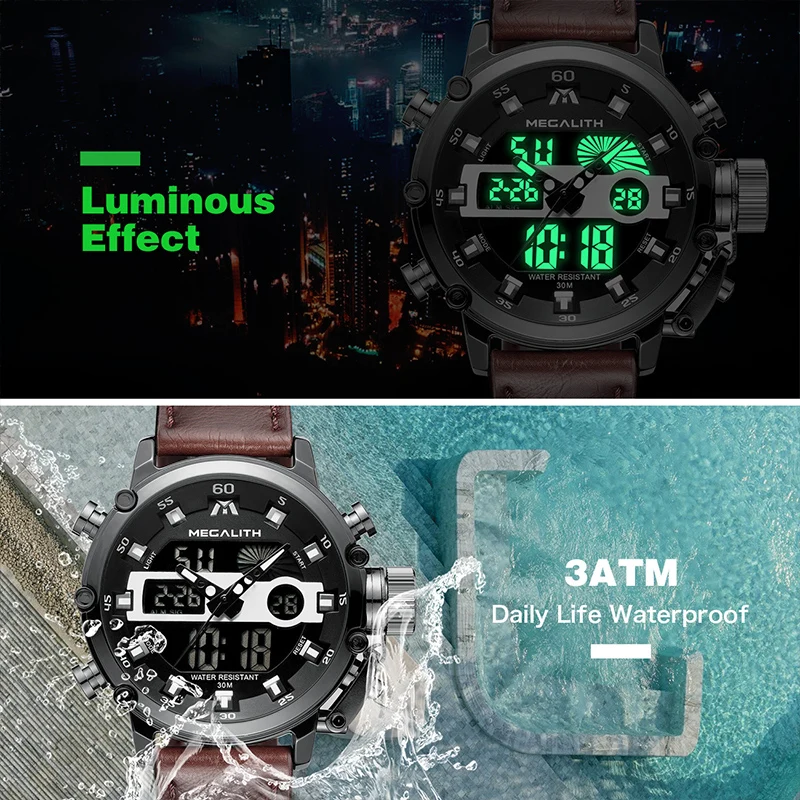 MEGALITH homens Da Moda LED Esporte Quartz Homens Relógio Multifuncional Luminosa À Prova D' Água Data Relógios de Pulso Homens Relógio Horloges Mannen