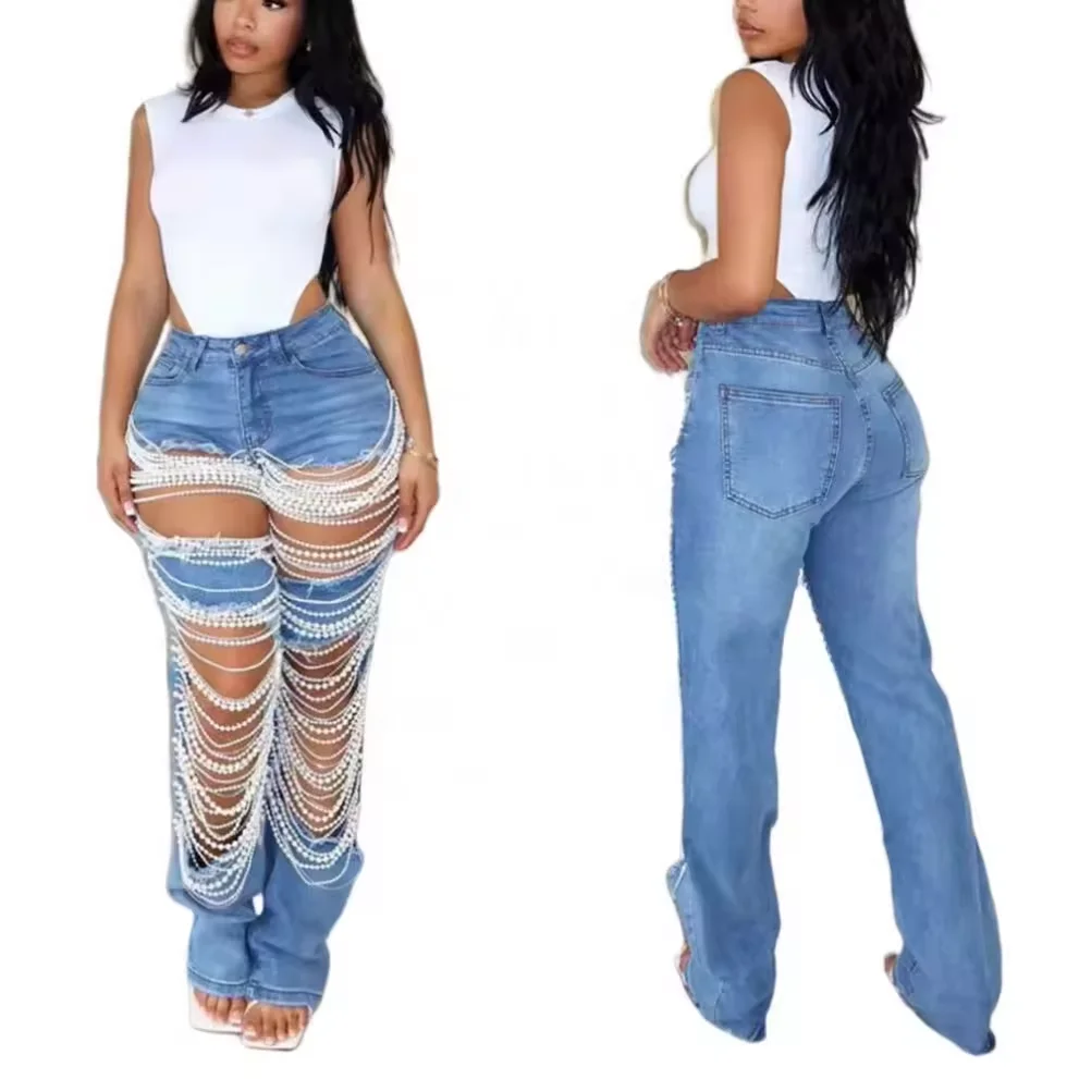 New Arrival Women Fashion Ripped Pearl Beading Hollow Out Tassel Jeans Denim Street Pants Wide Leg Denim Pants Jeans