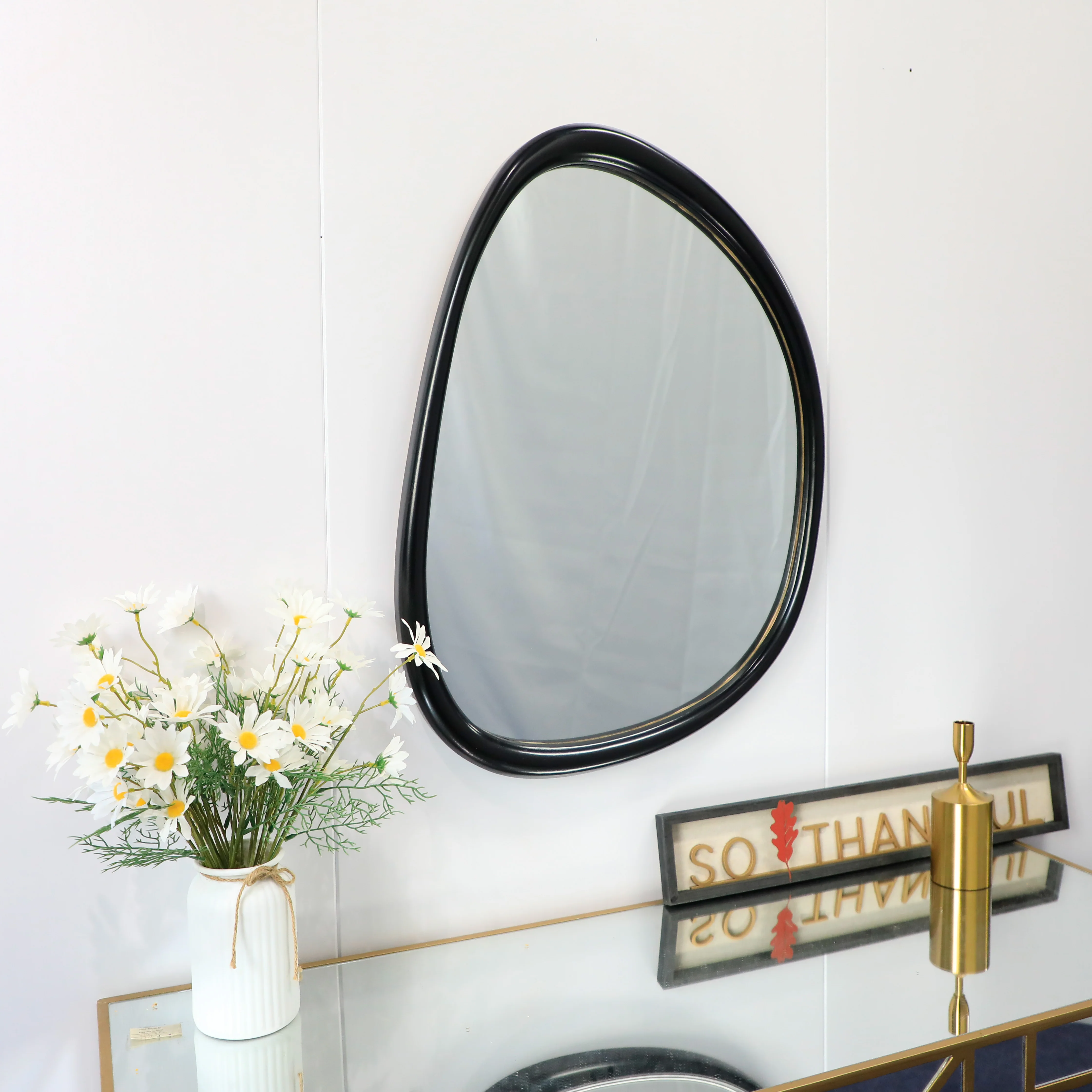 51X91CM Unique Design Creative Large Wooden Frame Mirrors Irregular Black Solid Wood Wall Mirror for Living Room