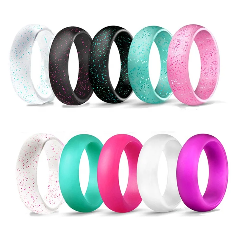 

Thin Affordable 5.7mm Metallic Glitter Color Silicone Wedding Bands Comfort Fit Silicone Ring for Women Men