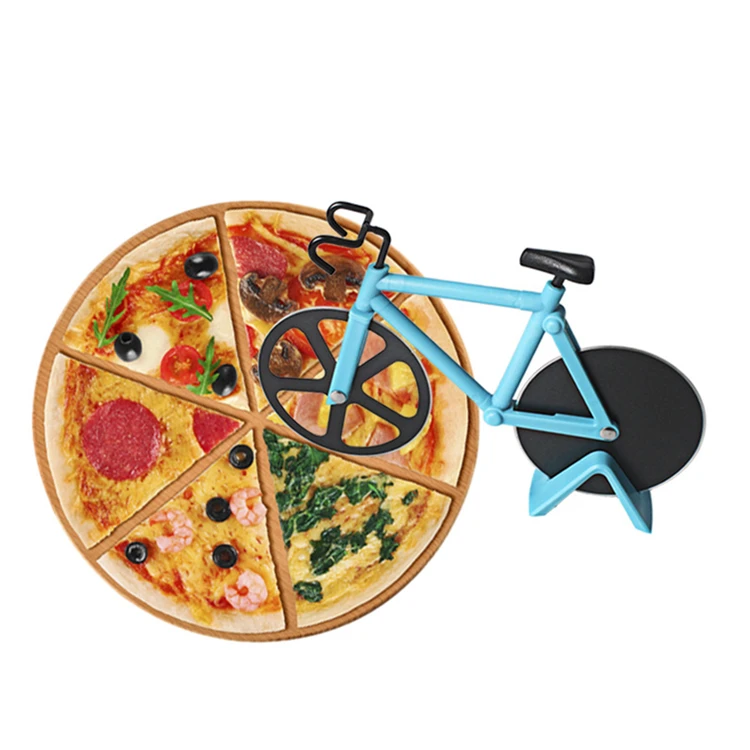 

Kitchen Gadgets Cool Gift Kitchen Bike Pizza Slicer with Stand Bicycle Pizza Cutter Wheel, Yellow,blue,white and green