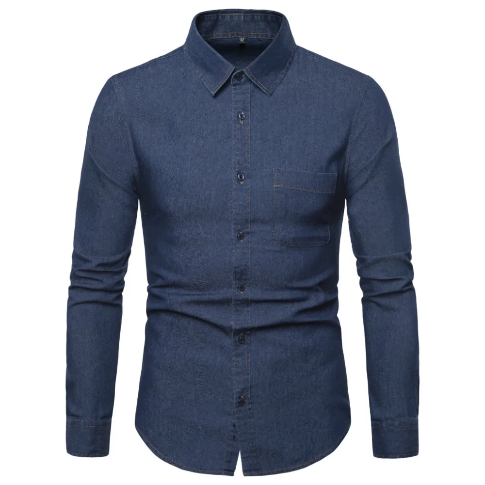 

Men's Regular-fit Long Sleeve Solid Denim Shirt Cotton Machine-wash Comfort