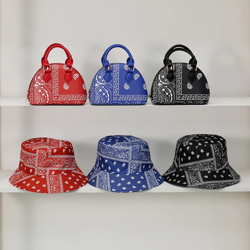 

2021 Fashion Bandana Bag Cashew Flower Bucket Purse and Hats Set Women Handbags Luxury Handbags for Women Purses and Handbags, 3 colors