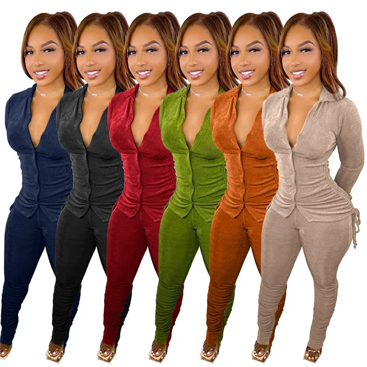 

Women's warm fashion 2 piece set French breasted V-neck cashmere pile trousers suit two-piece, Picture color