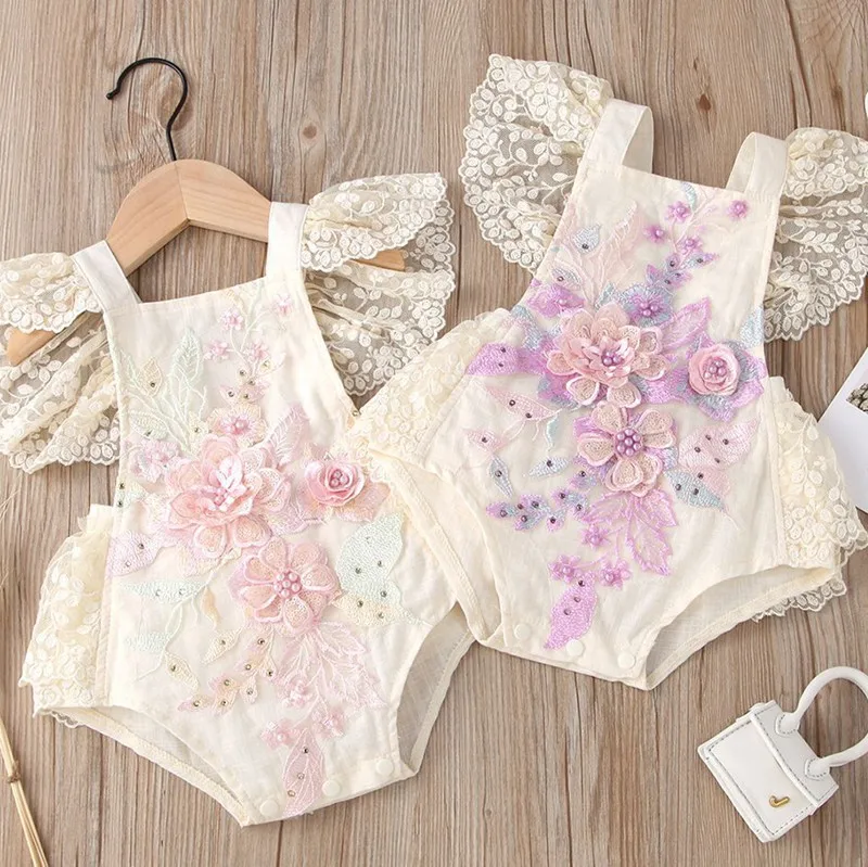 

New 2021 hot sale 2 Colors Princess Baby Girls Bodysuits Lace Flowers Print Ruffles Short Sleeve Jumpsuits