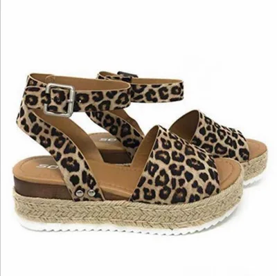 

Summer High Quality Womens Open Toe Casual Ankle Sandals Women Strap Leopard Wedge Sandals