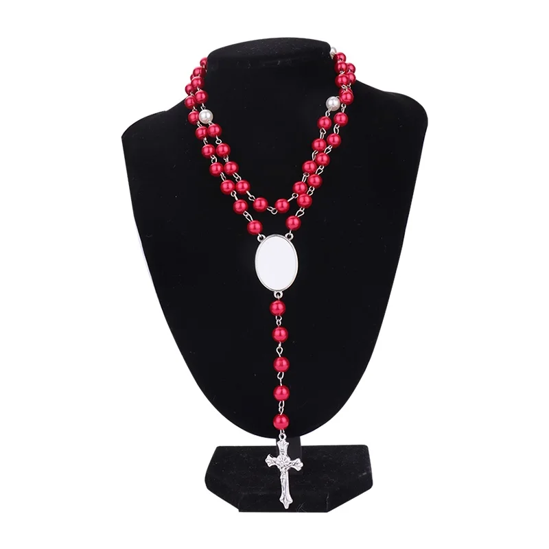 

New Arrival White/Pink/Black/Red Customized Photo Jewelry Sublimation Rosary Necklaces For Gifts, Blanks white for sublimation