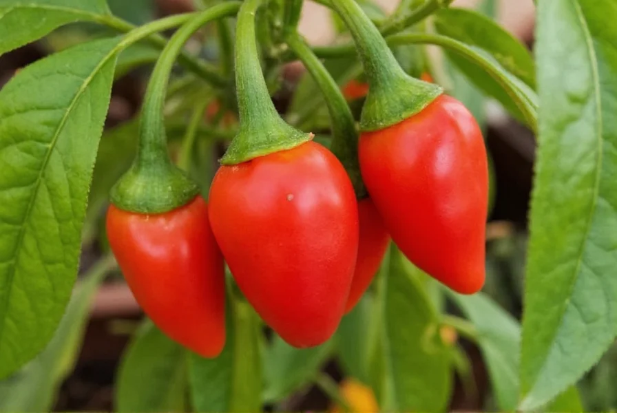 Close-up view of mature red Trinidad Scorpion peppers growing on plant with characteristic stinger-like tail