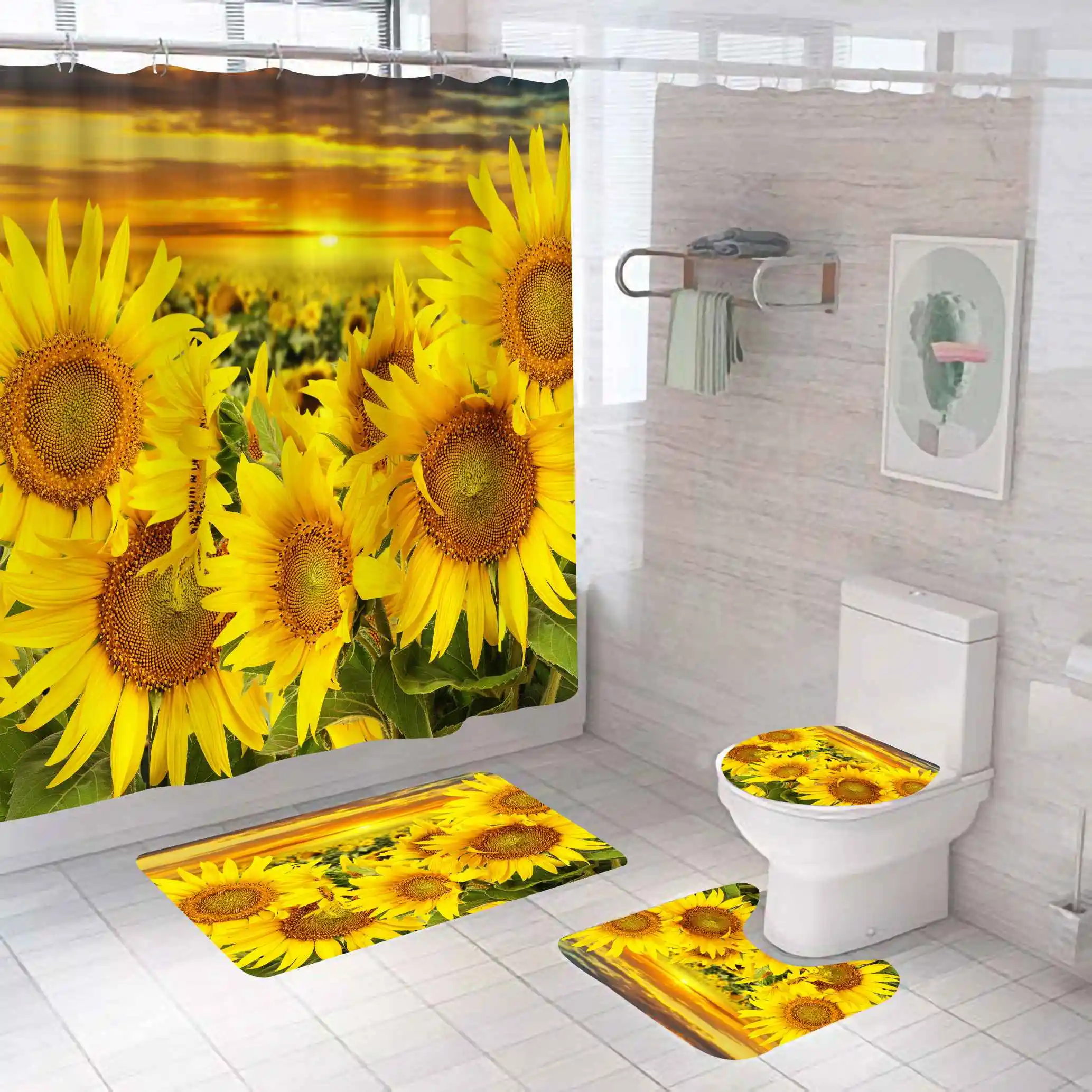 

Natural scenic landscape sunflower printed foldable bathroom shower curtain set