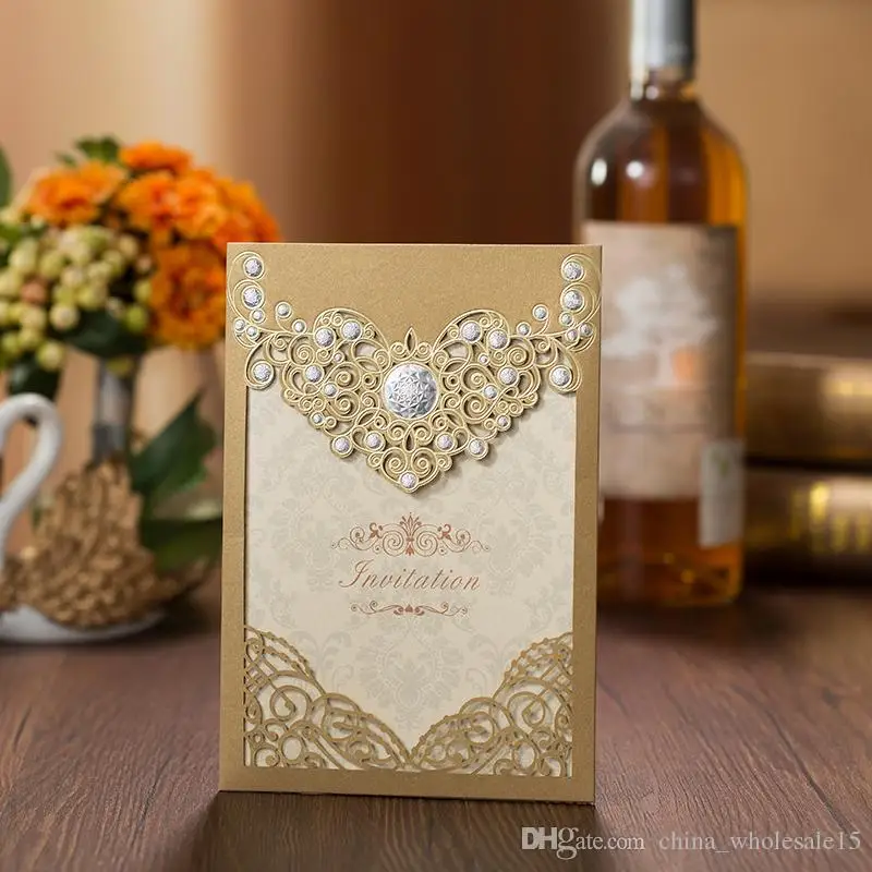 

Red Gold Laser Cut Crown Flora Wedding Invitations Card Greeting Cards Customize Envelopes Wedding Event Party