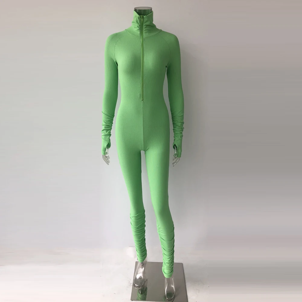 
8358 Autumn Winter Tight Long Sleeve Pants Deep O- Neck Half Zipper Sexy Rompers Womens Jumpsuit stacked leg jumpsuit 