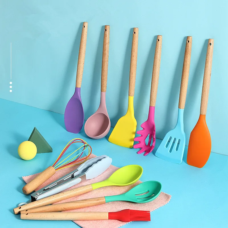 

Customized eco-friendly Kitchen Cooking Tools Beech Wood Handle Silicone Kitchen Accessories Cookware Set