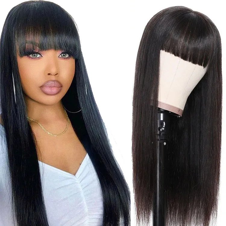 

Wholesale 100% Human Hair Straight Human Hair Wigs With Bangs Full Machine Made Wig Brazilian Remy Hair Wigs WIth Bangs, Natural color