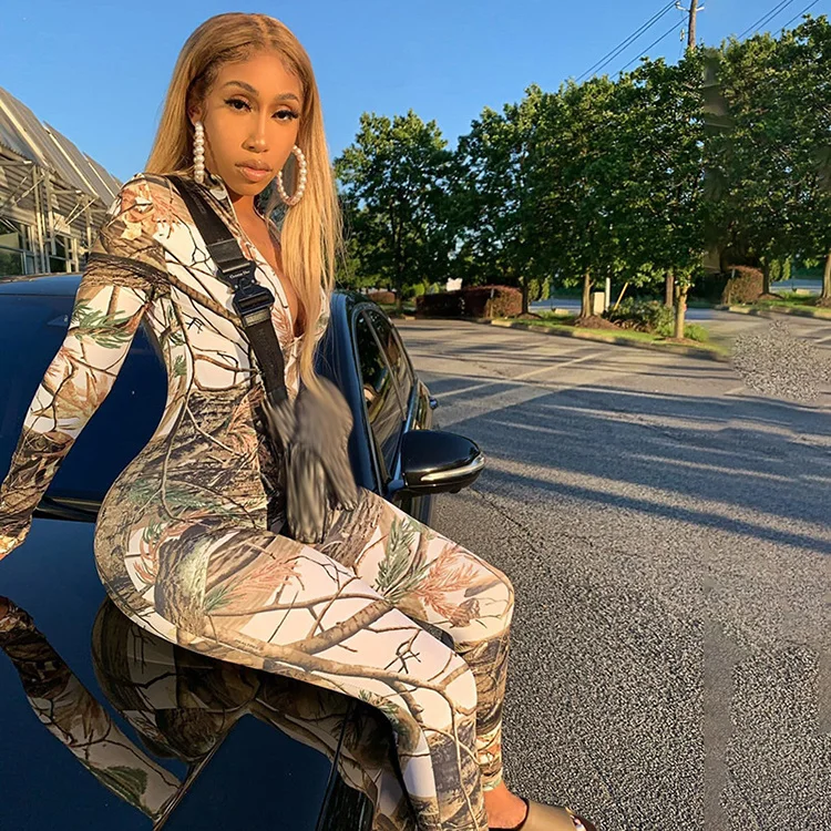 

2020 Women Clothing Lady's Sexy Woods Print High Neck Bodysuit Jumpsuit Fitness Yoga Streetwear One Piece Long Sleeve Jumpsuits, Yellow,green