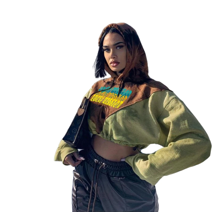 

K21L05044 Autumn Fashion Patchwork Hooded Sweater Lace Long Sleeve Drawstring Casual Letter Graphic High Street Women's Hoodies