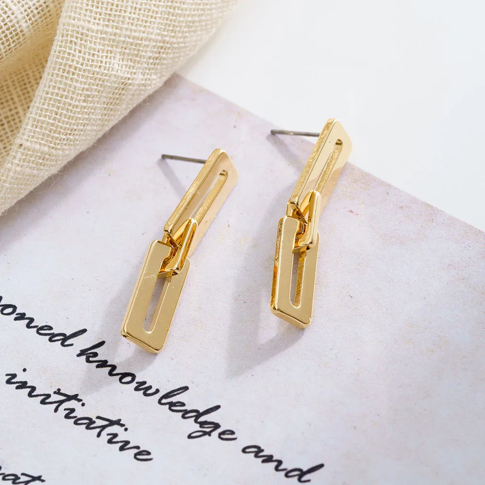 Square Link Statement Earrings For Women 18k Gold Plated High Polished