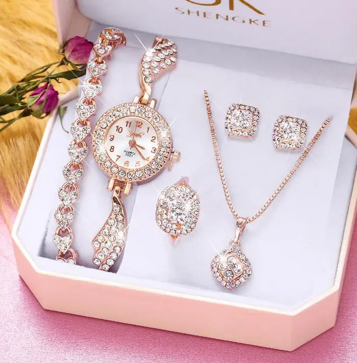 

FINETOO Fashion Luxury Full Crystal 5 Pcs Watch Set Diamond Necklace Earrings set Jewelry for Women Gift 2021, Gold plated
