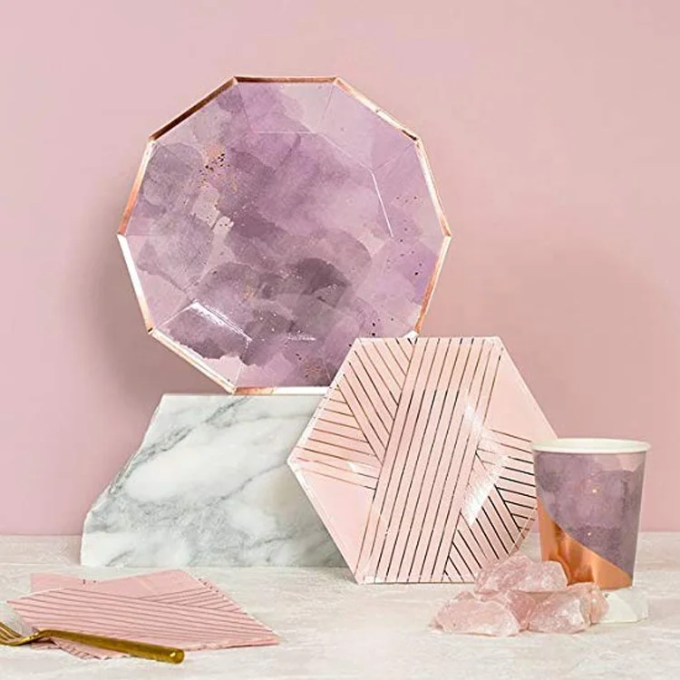 

Wedding Favors Paper Dinnerware Charge Plates Watercolor Purple and Rose Gold Plates