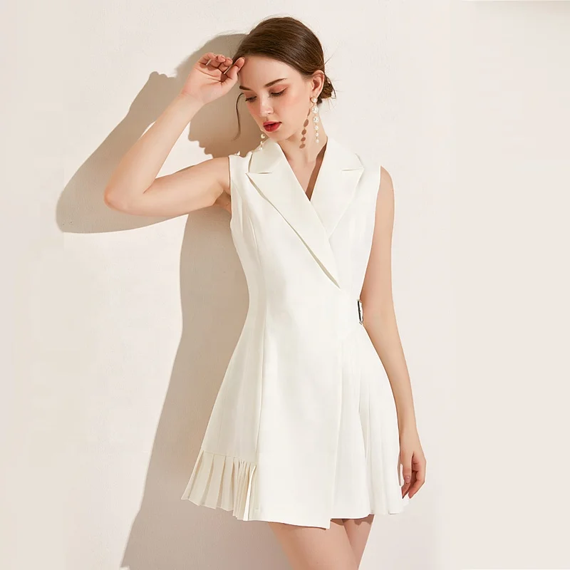 

2020 Summer Women Sleeveless Pleated Wrap Blazer Dresses OL V-neck Office Dress, Customized color