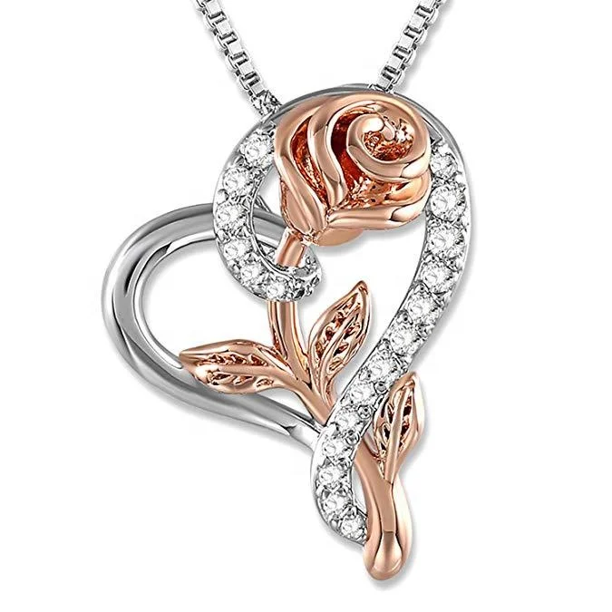 

Filled Pendant Necklace Exquisite Lover Heart Rose Flower Zircon Necklace Wedding Party Jewelry Gifts, Two-tone