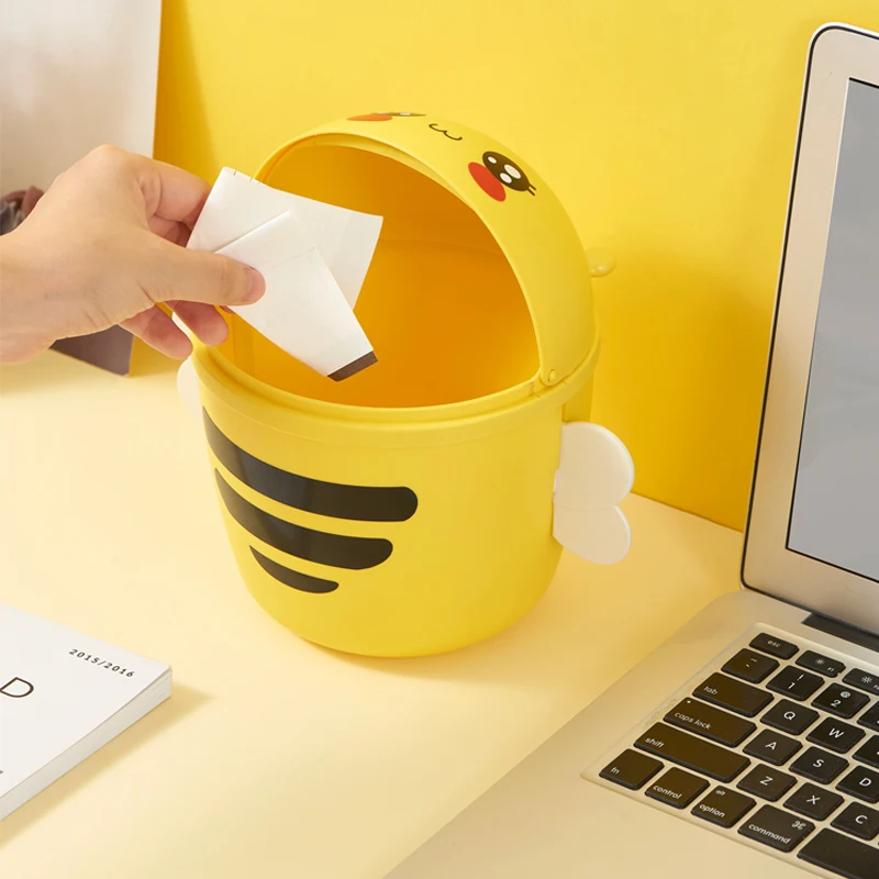 

Household Cartoon Bee Cute Home Office Mini Small Waste Bin Desktop Home Garbage Basket Table Trash Can With Lid, Yellow