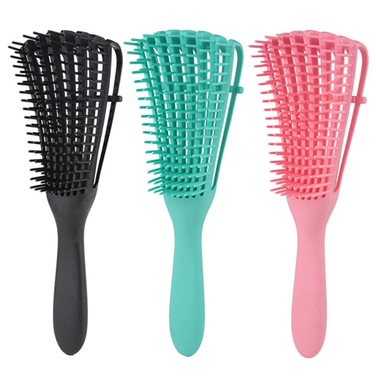 

High quality custom logo special plastic eight rows vent curved handle detangler hair brush, Black, pink, green