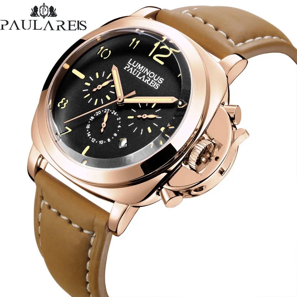 

PAULAREIS new design brown mens mechanism watch original Genuine Leather Strap 3 dials calender Simple casual relogio musculino